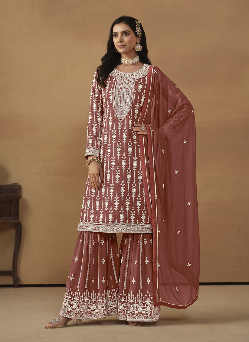 Rose Taupe Faux Georgette Embroidered Sharara Kameez