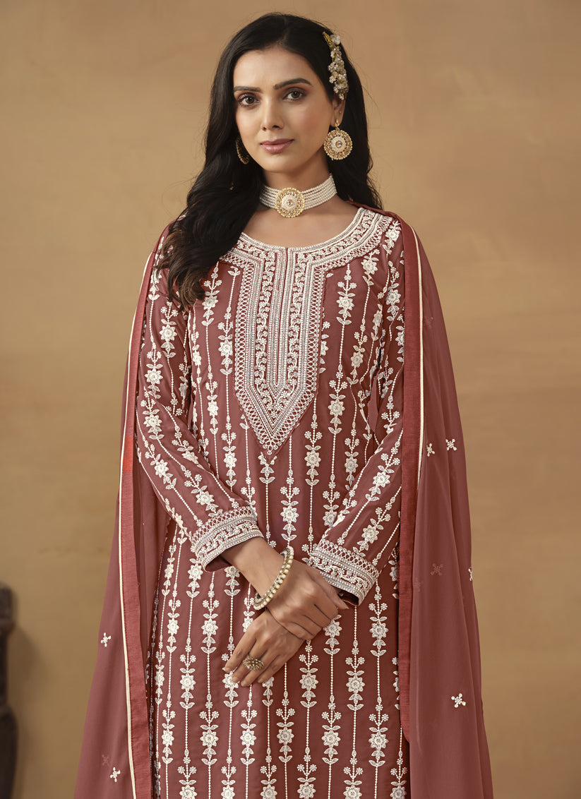 Rose Taupe Faux Georgette Embroidered Sharara Kameez