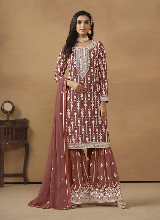 Rose Taupe Faux Georgette Embroidered Sharara Kameez