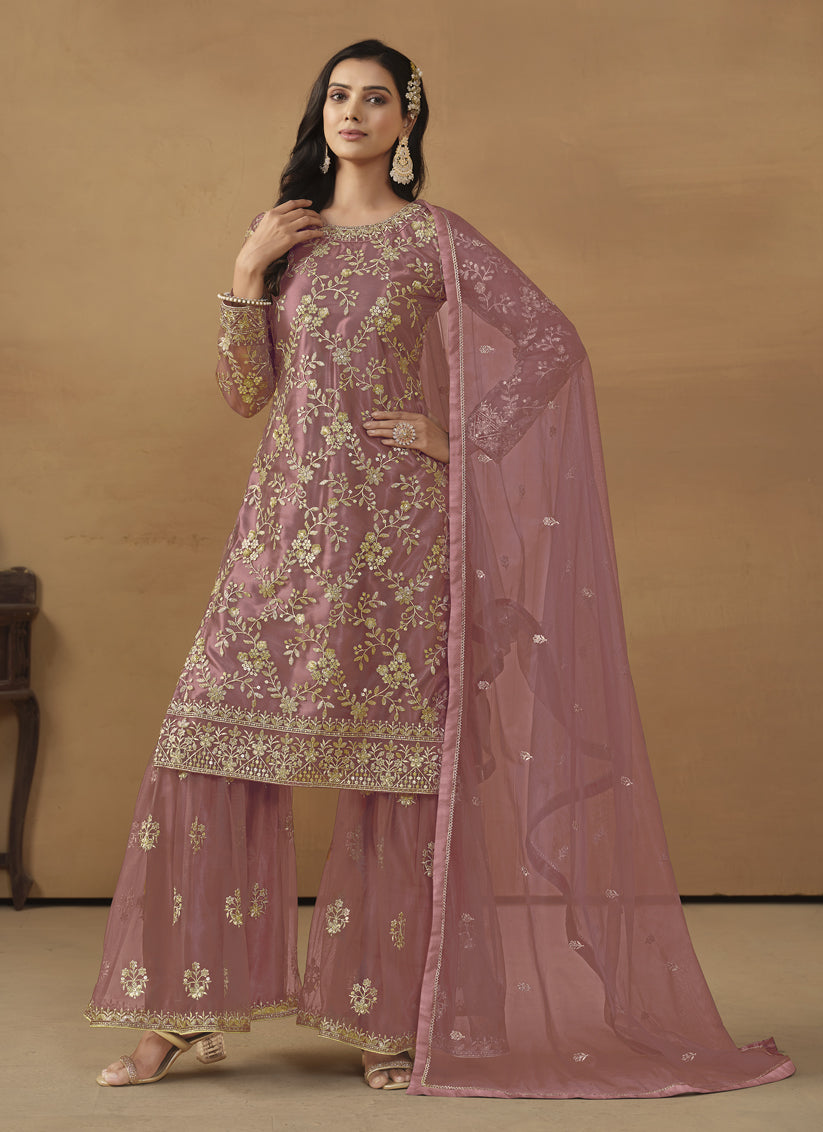 Old Rose Net Embroidered Sharara Kameez Suit