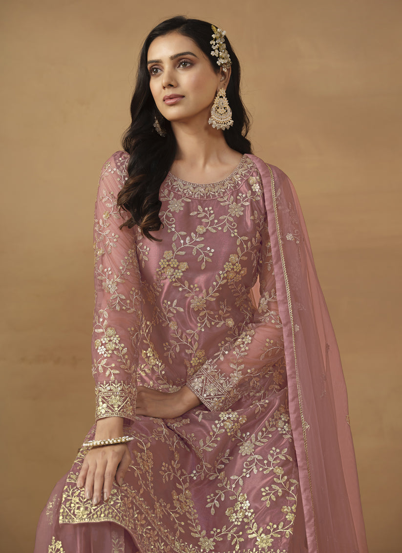 Old Rose Net Embroidered Sharara Kameez Suit