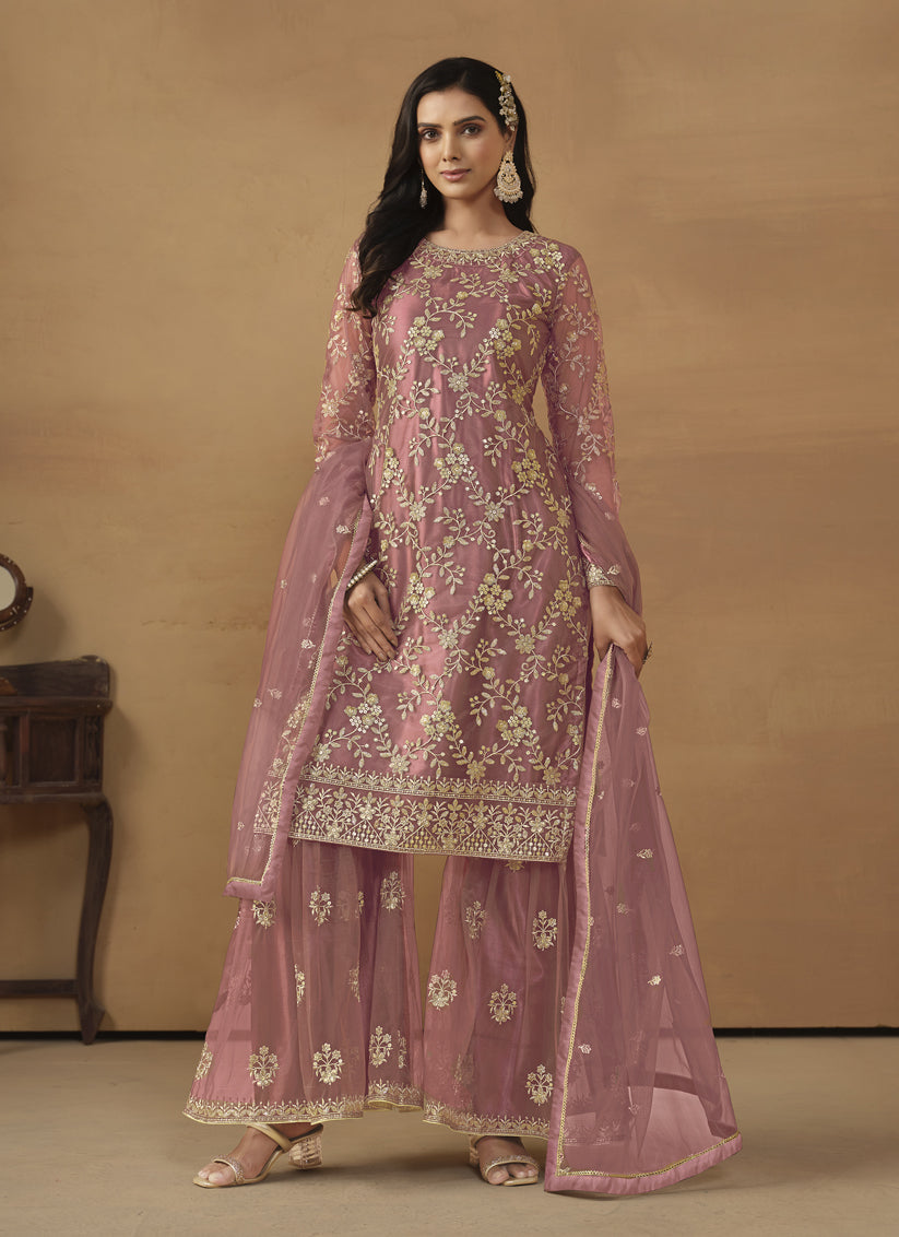 Old Rose Net Embroidered Sharara Kameez Suit
