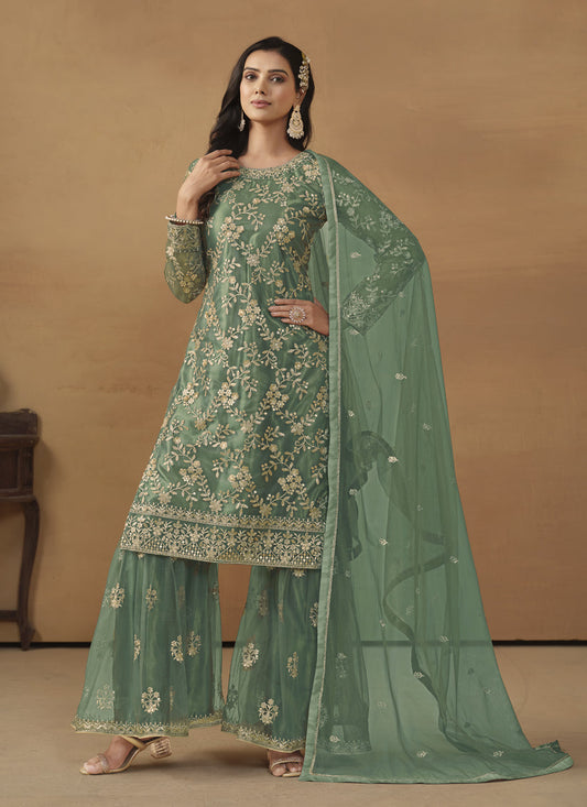 Sea Green Net Embroidered Sharara Kameez Suit