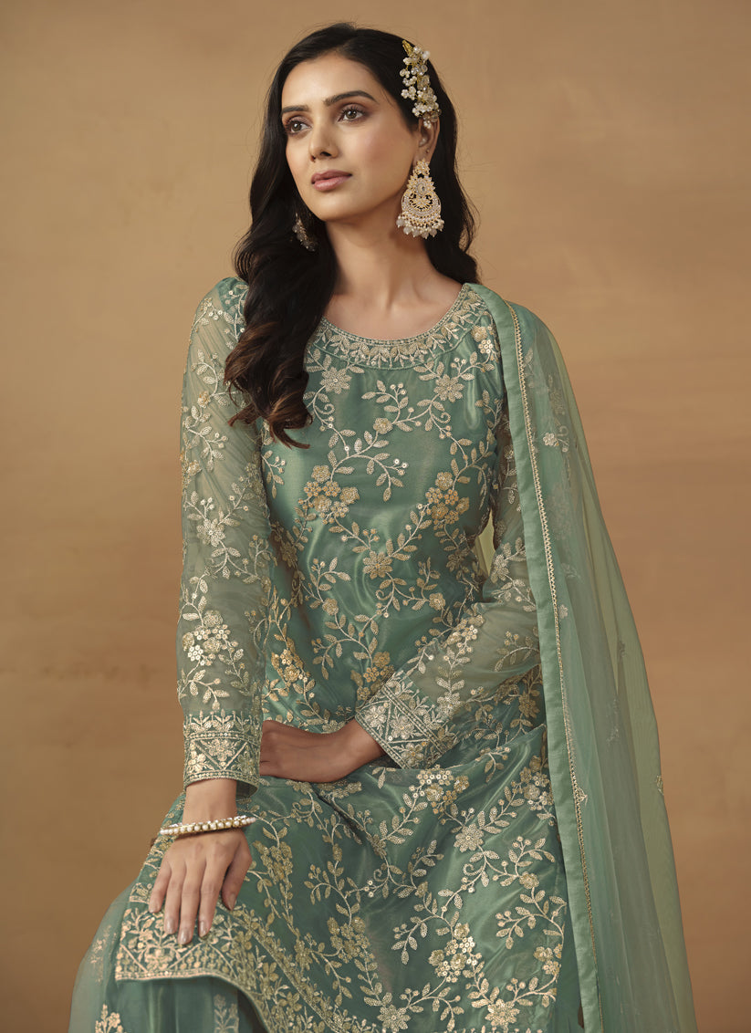 Sea Green Net Embroidered Sharara Kameez Suit