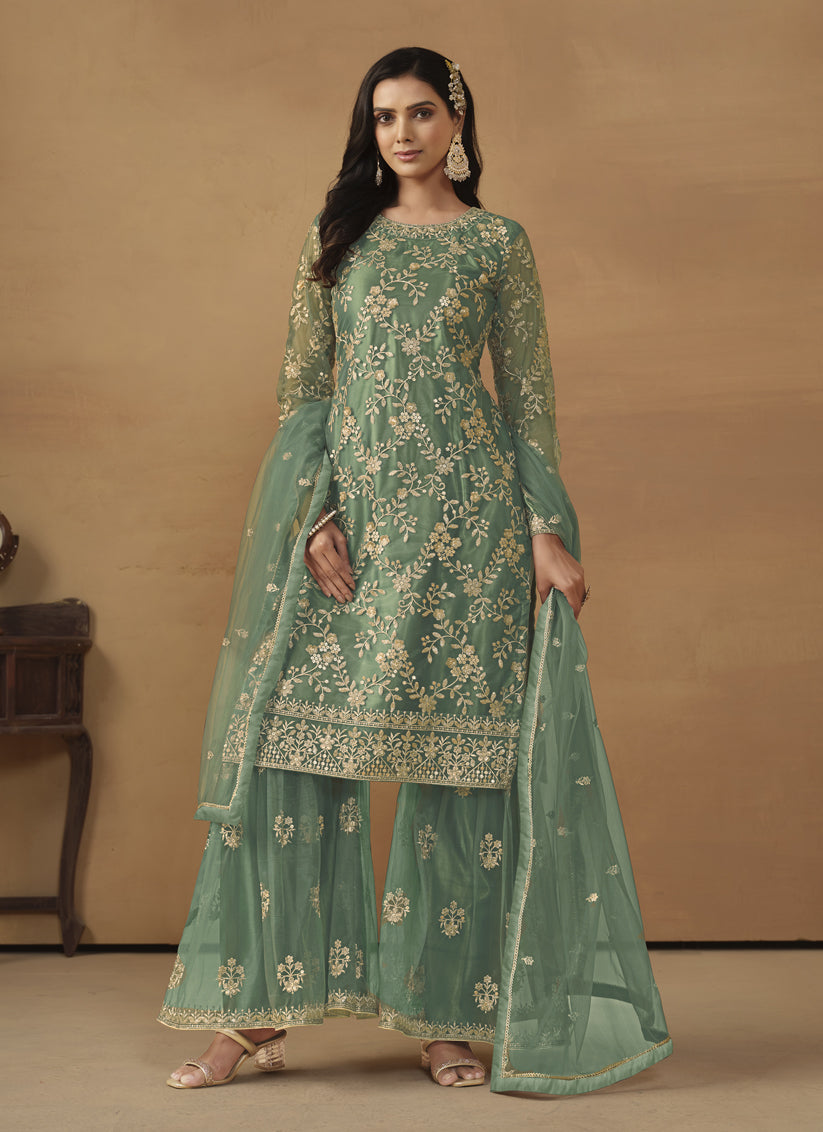 Sea Green Net Embroidered Sharara Kameez Suit