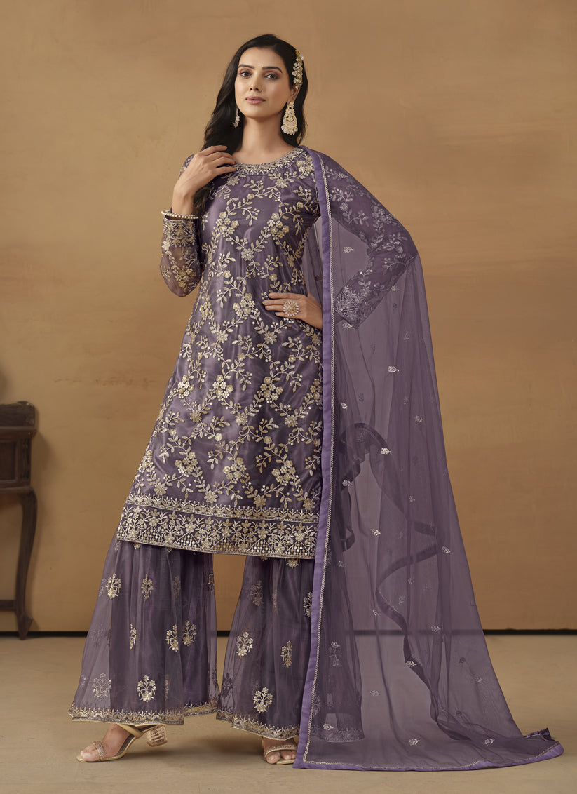 Dusty Purple Net Embroidered Sharara Kameez Suit