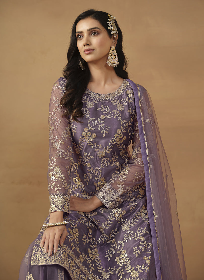 Dusty Purple Net Embroidered Sharara Kameez Suit