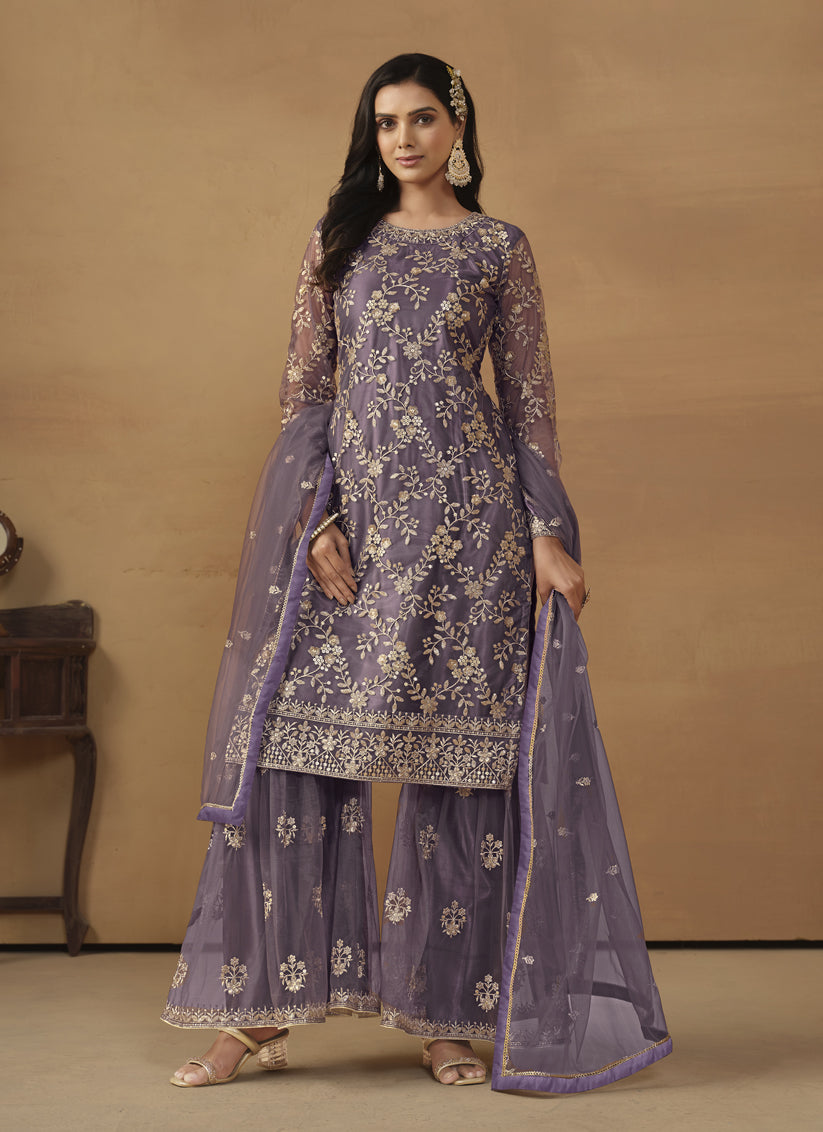 Dusty Purple Net Embroidered Sharara Kameez Suit