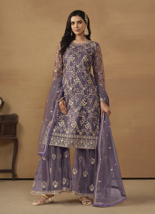 Dusty Purple Net Embroidered Sharara Kameez Suit