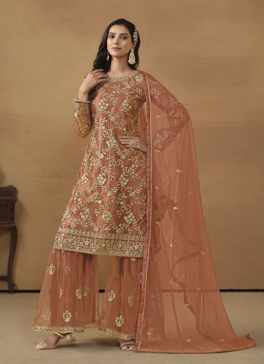 Tangerine Net Embroidered Sharara Kameez Suit