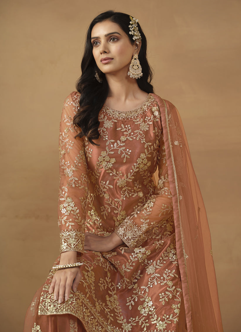 Tangerine Net Embroidered Sharara Kameez Suit