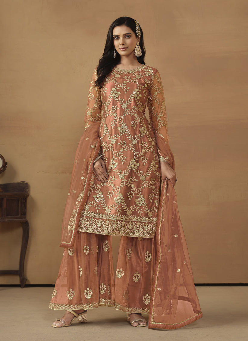 Tangerine Net Embroidered Sharara Kameez Suit