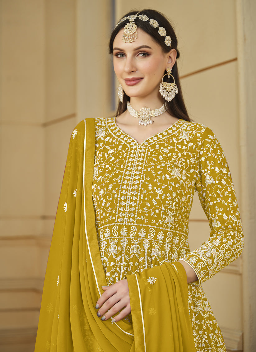 Mustard Faux Georgette Embroidered Anarkali Suit