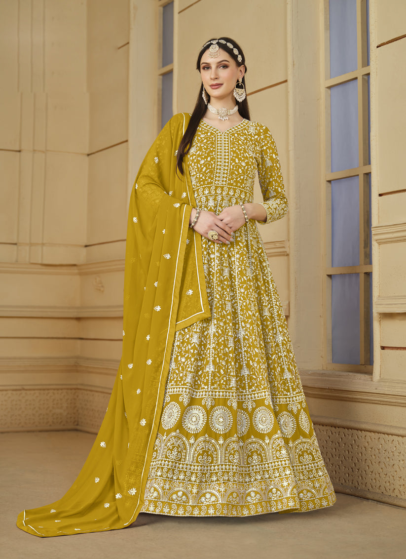 Mustard Faux Georgette Embroidered Anarkali Suit