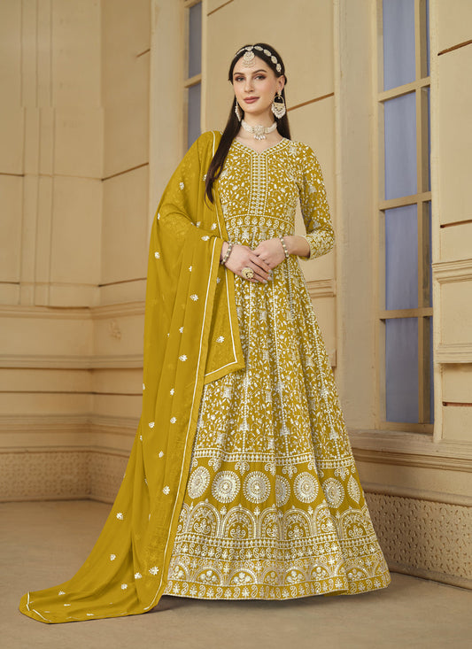 Mustard Faux Georgette Embroidered Anarkali Suit