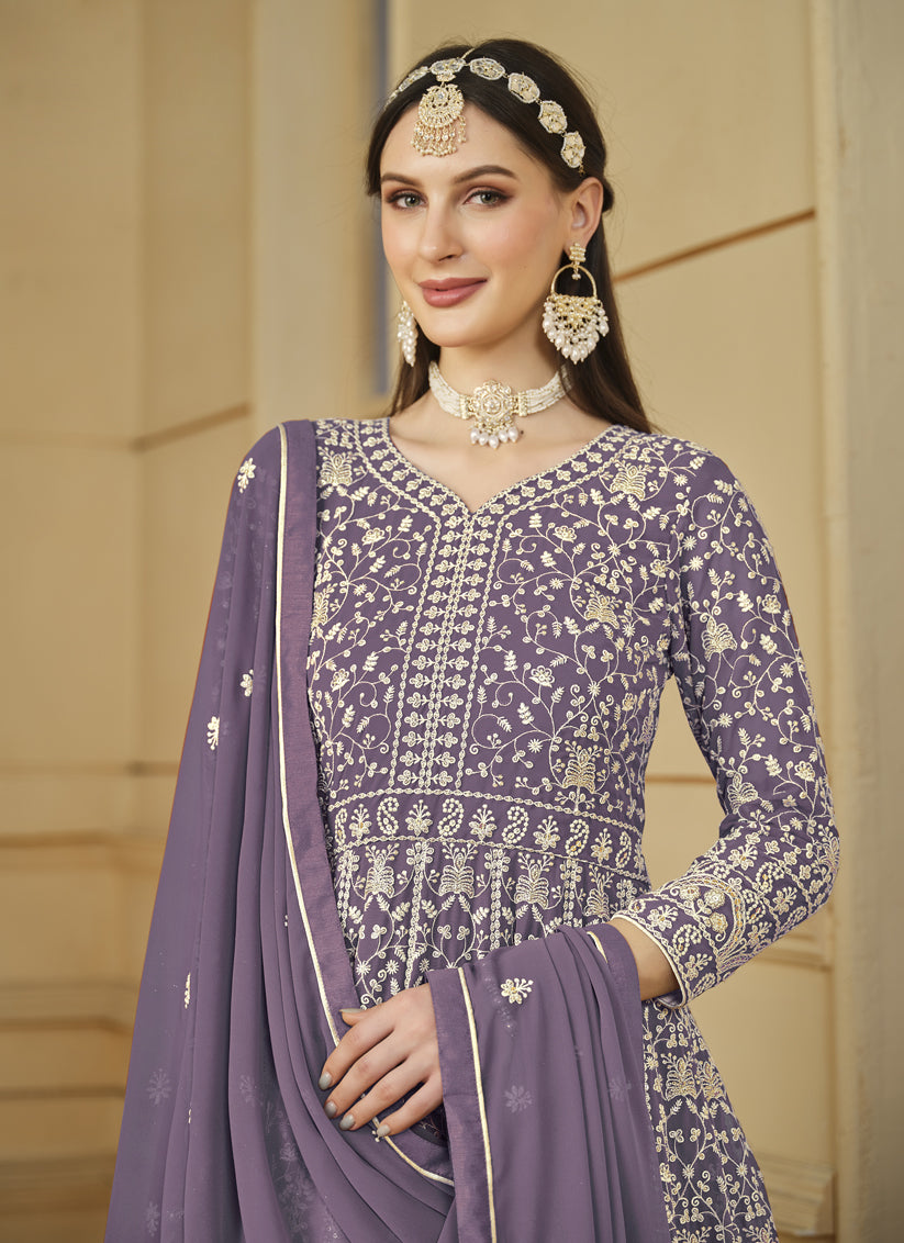 Mauve Faux Georgette Embroidered Anarkali Suit