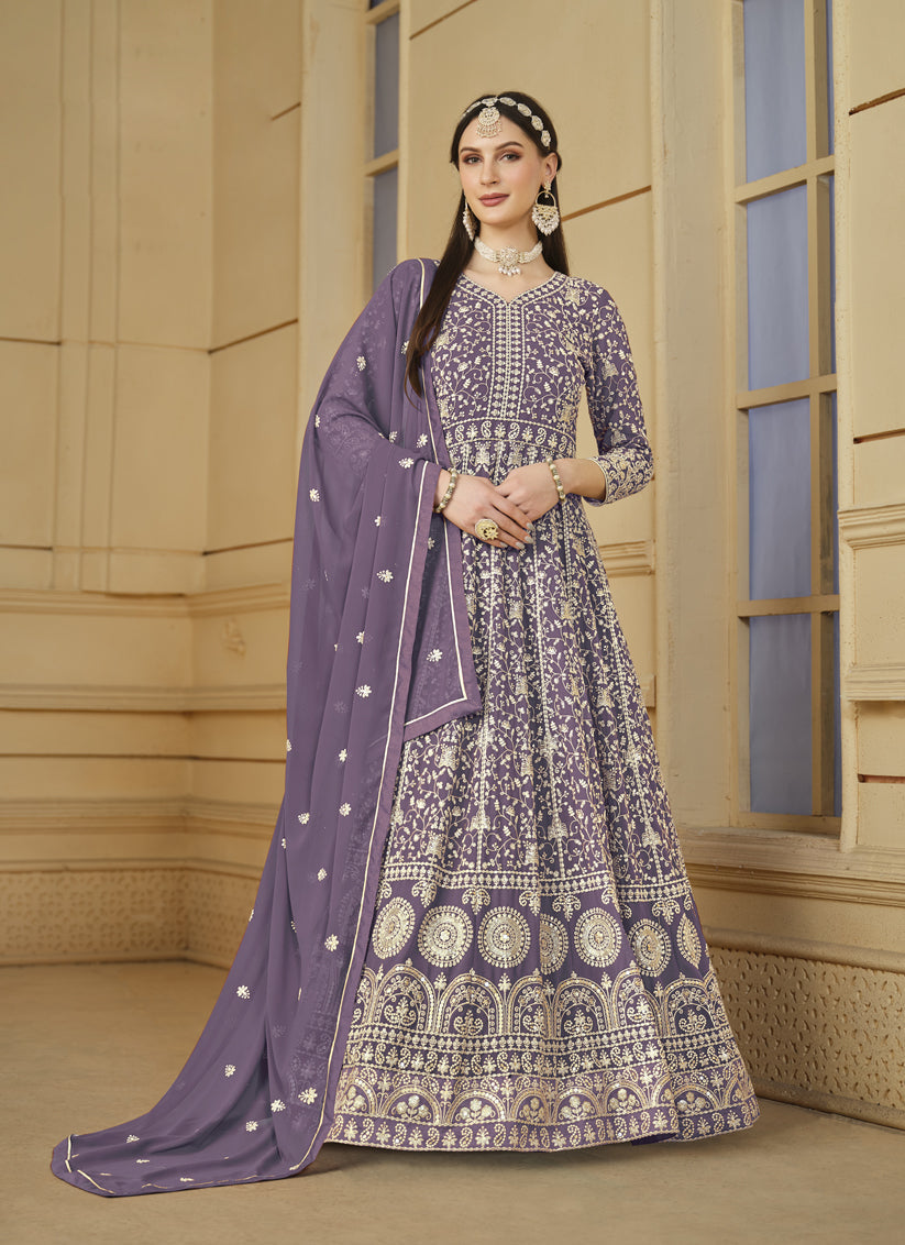 Mauve Faux Georgette Embroidered Anarkali Suit
