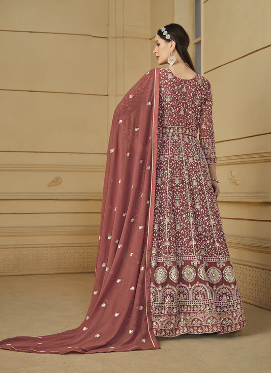 Rose Taupe Faux Georgette Embroidered Anarkali Suit