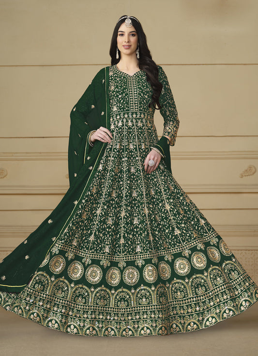Bottle Green Faux Georgette Embroidered Anarkali Suit