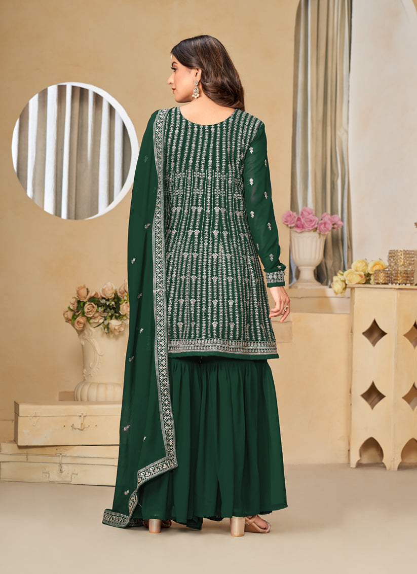 Bottle Green Faux Georgette Embroidered Sharara Kameez