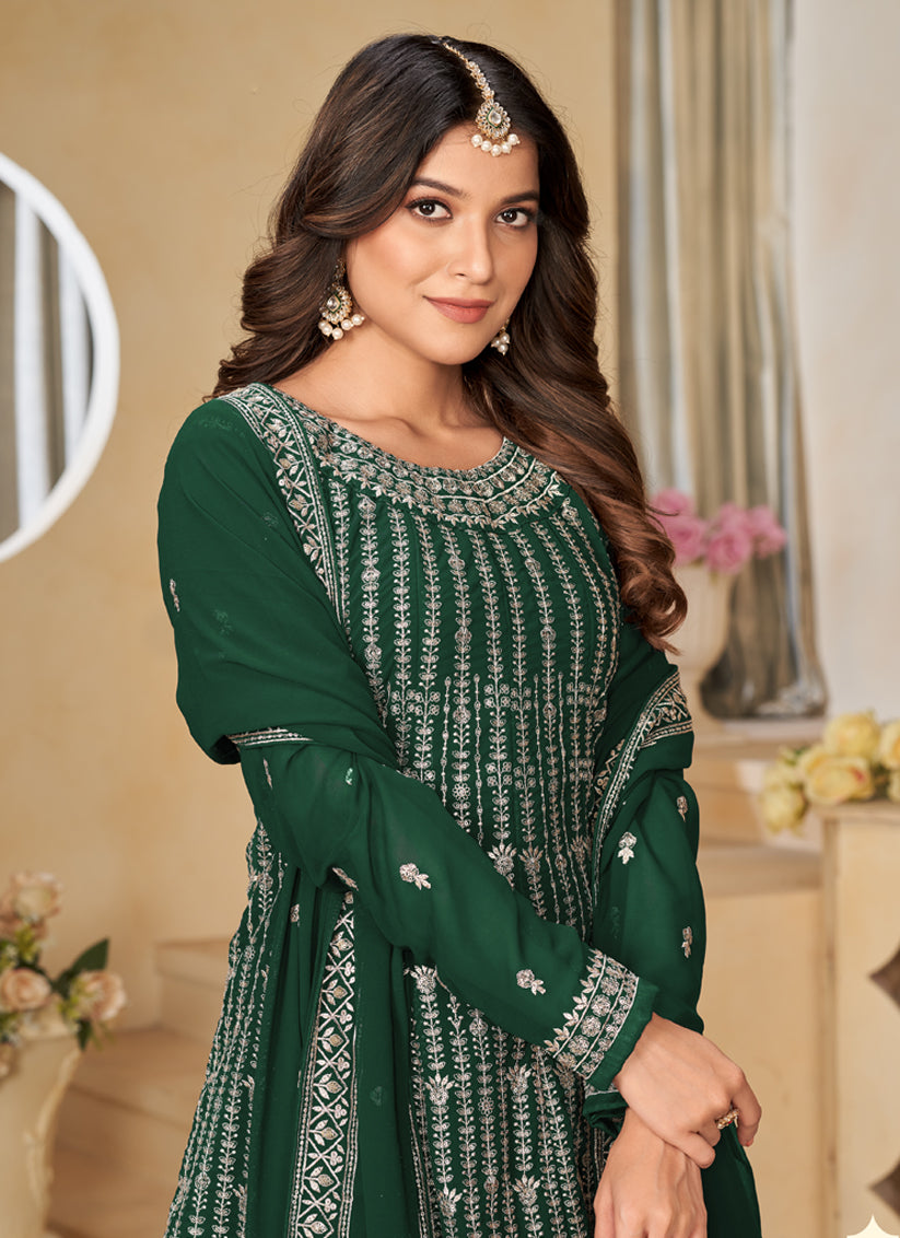 Bottle Green Faux Georgette Embroidered Sharara Kameez