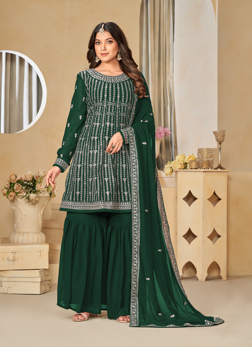 Bottle Green Faux Georgette Embroidered Sharara Kameez