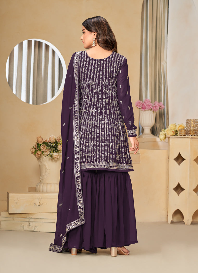 Burgundy Faux Georgette Embroidered Sharara Kameez