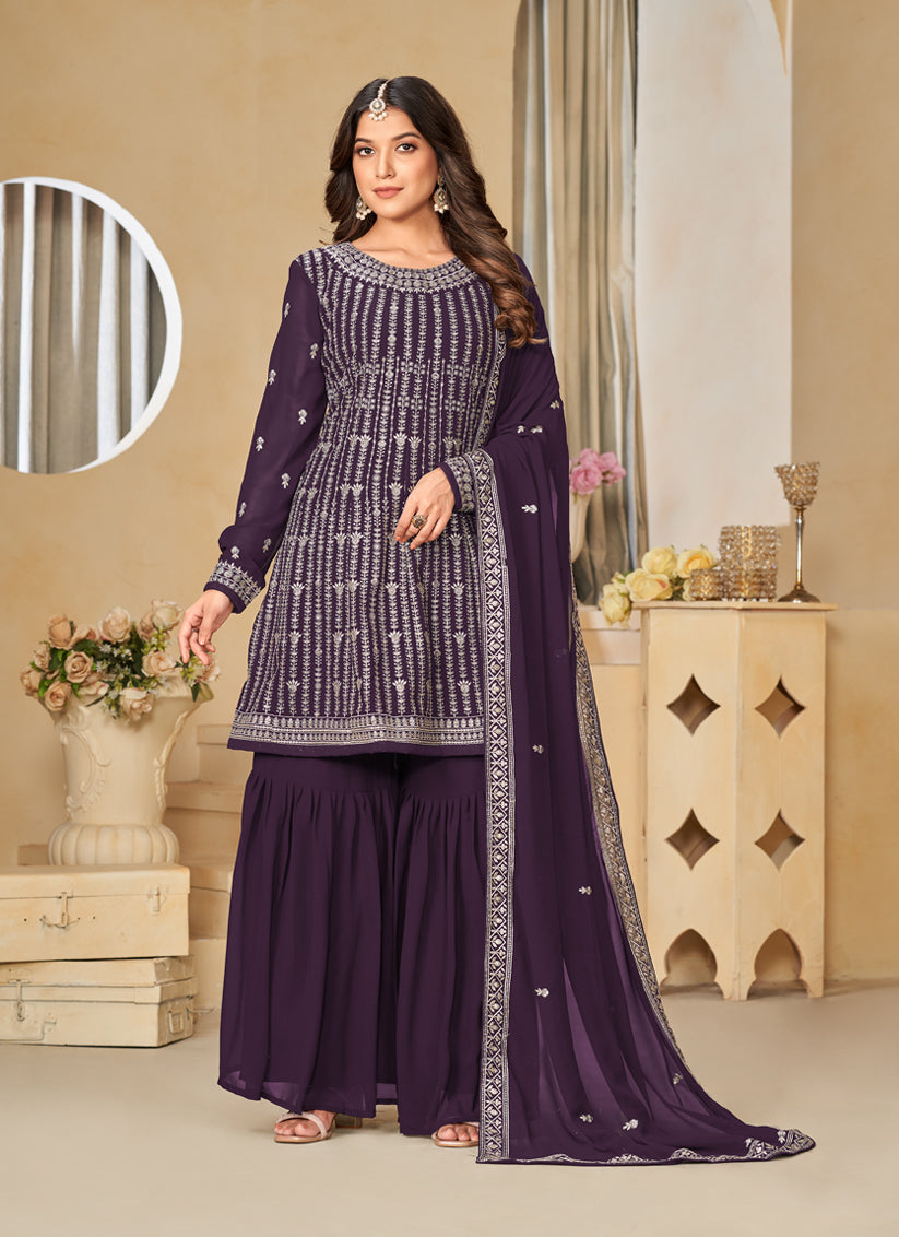 Burgundy Faux Georgette Embroidered Sharara Kameez