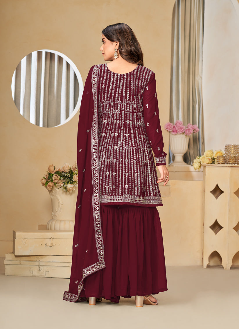 Maroon Faux Georgette Embroidered Sharara Kameez