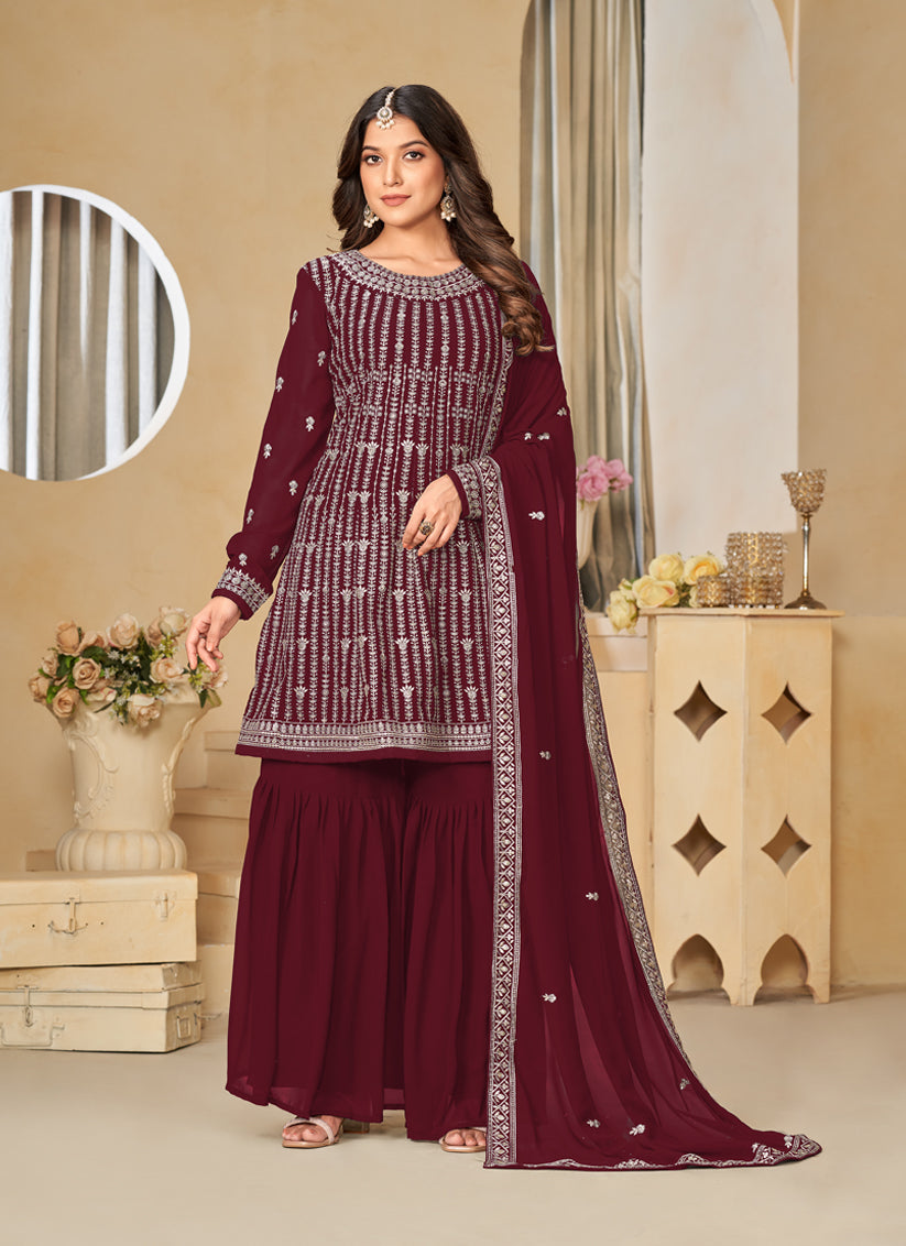 Maroon Faux Georgette Embroidered Sharara Kameez