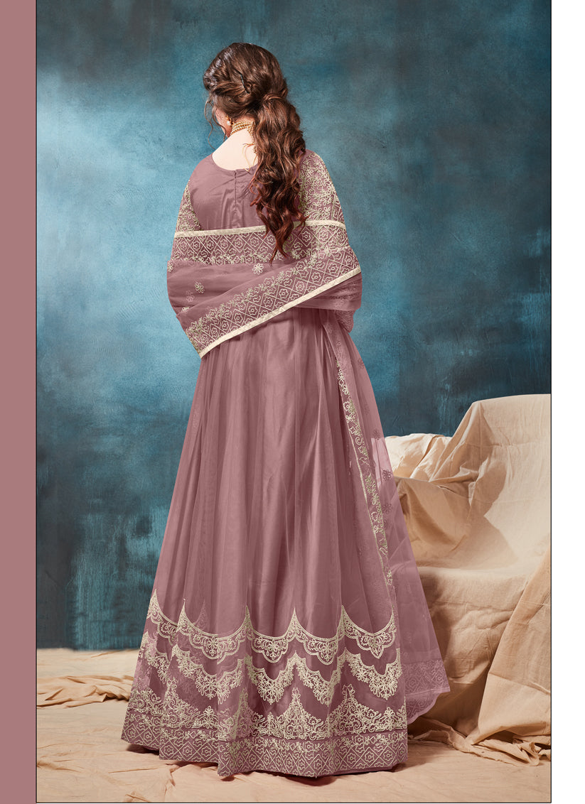 Mauve Net Embroidered Anarkali Suit