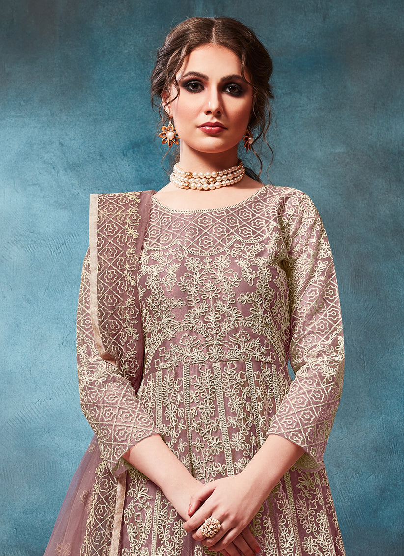 Mauve Net Embroidered Anarkali Suit