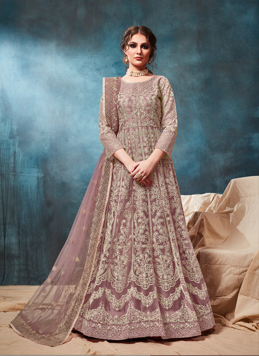 Mauve Net Embroidered Anarkali Suit