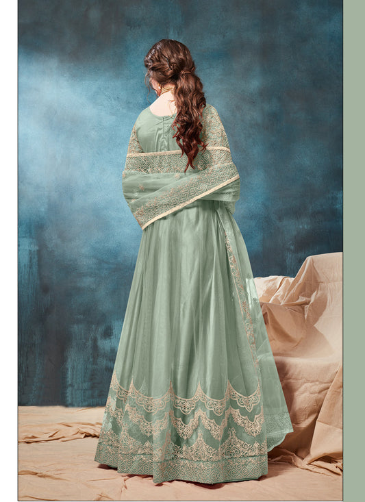 Teal Mint Net Embroidered Anarkali Suit