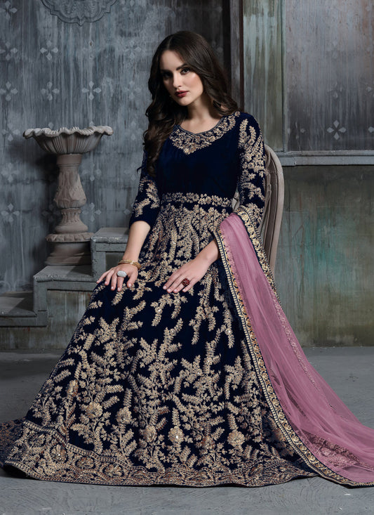 Navy Blue Velvet Embroidered Anarkali Suit