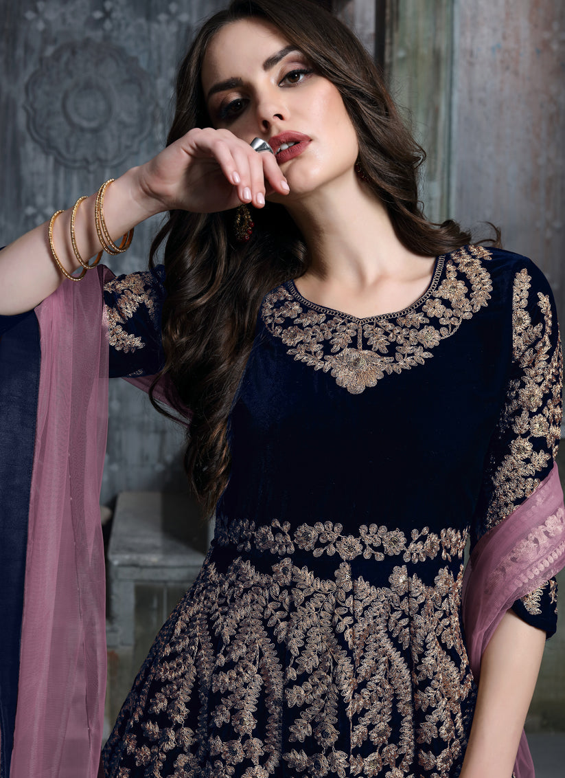 Navy Blue Velvet Embroidered Anarkali Suit