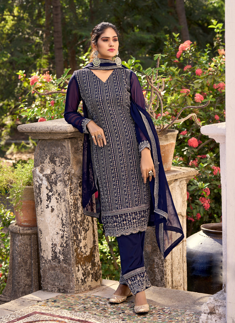 Navy Blue Silk Embroidered Trouser Kameez