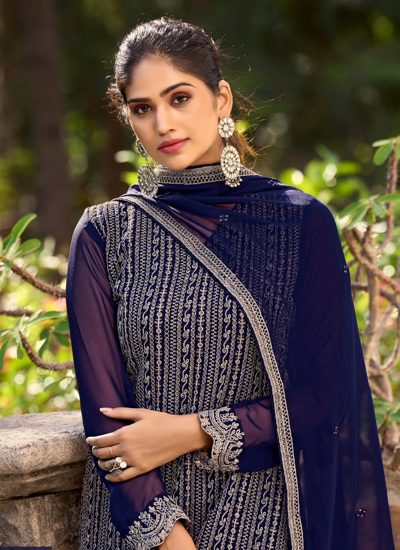 Navy Blue Silk Embroidered Trouser Kameez