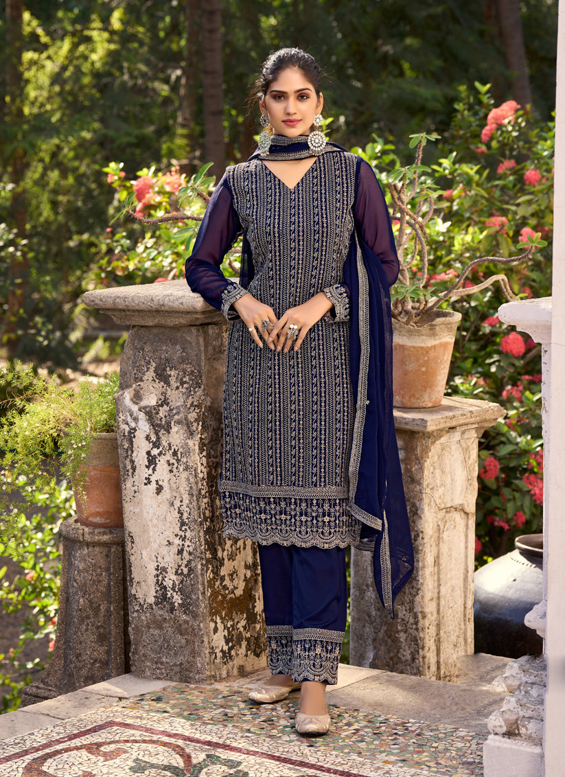 Navy Blue Silk Embroidered Trouser Kameez