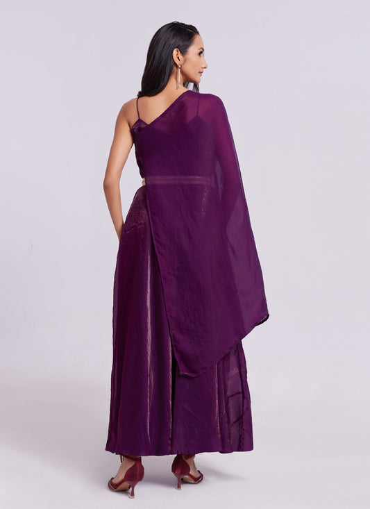 Wine Pure Organza Gown for Party Wear