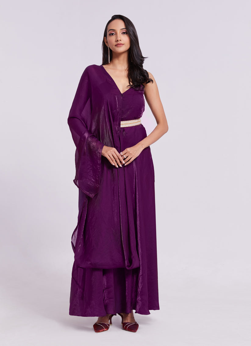 Wine Pure Organza Gown for Party Wear