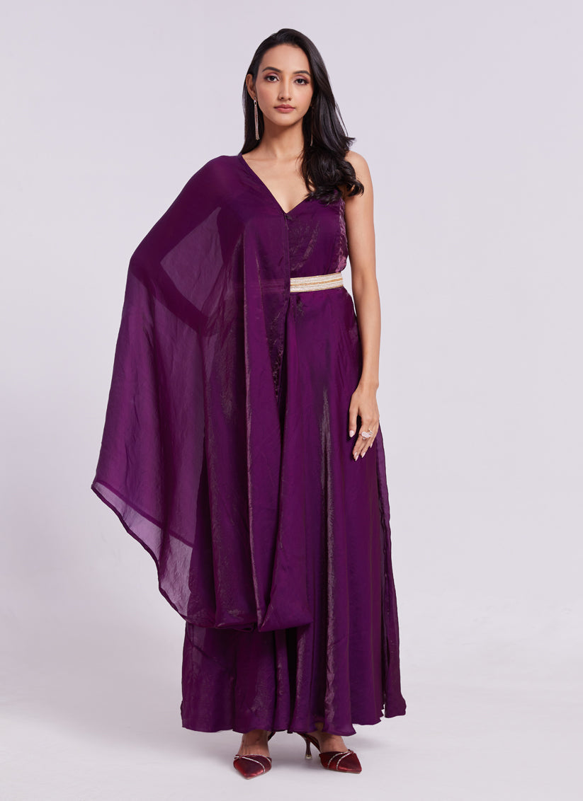 Wine Pure Organza Gown for Party Wear