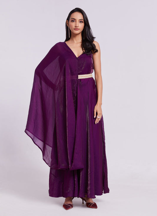 Wine Pure Organza Gown for Party Wear