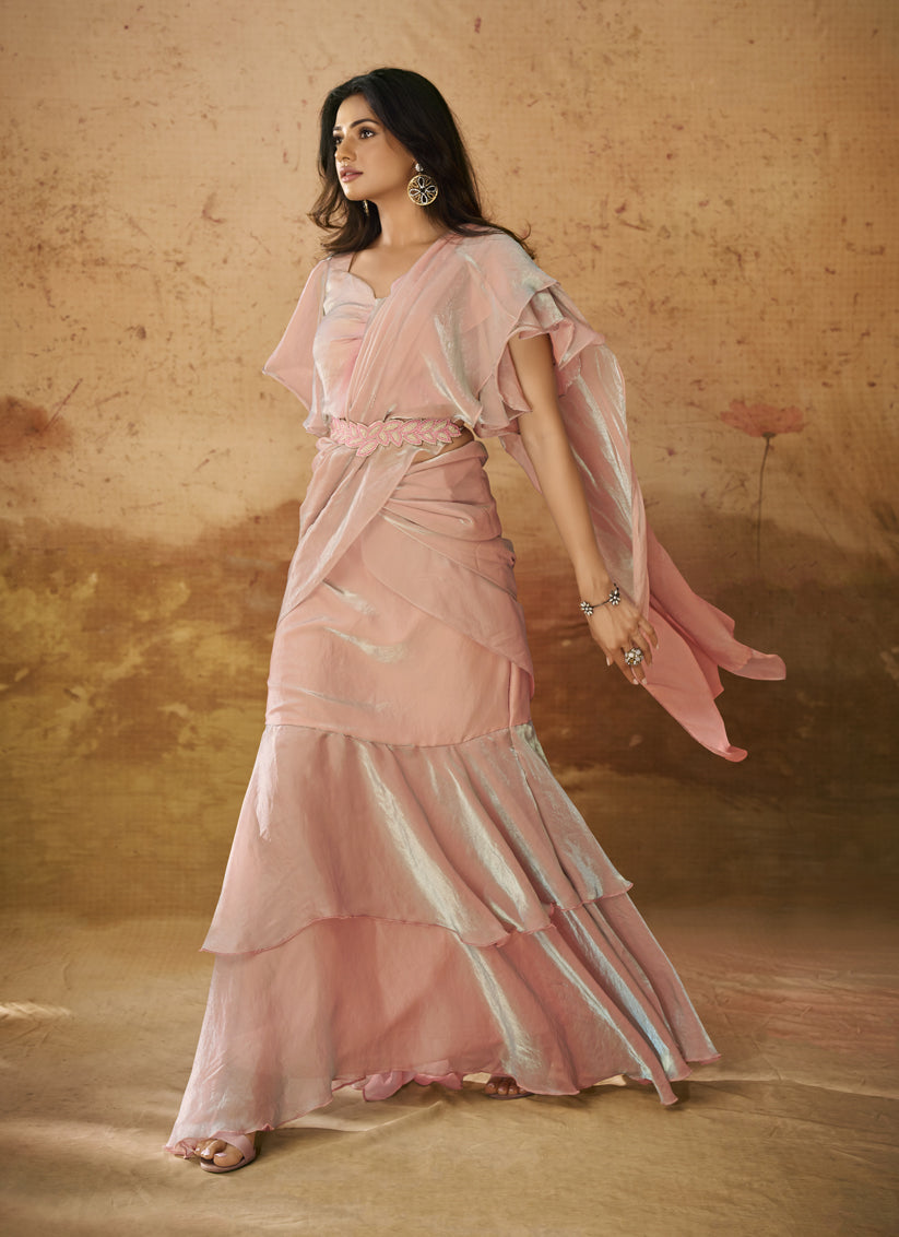 Coral Pink Organza Handwork Designer Ready to Wear Saree