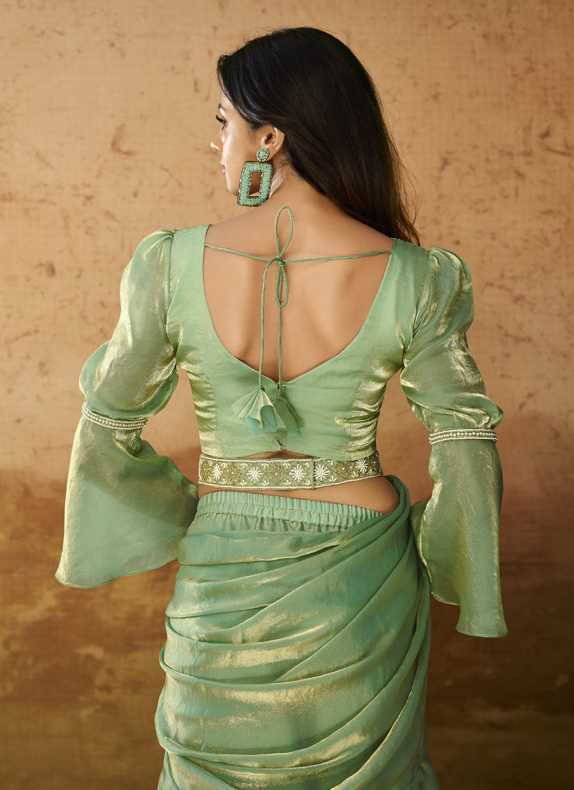 Pistachio Green Organza Handwork Designer Ready to Wear Saree