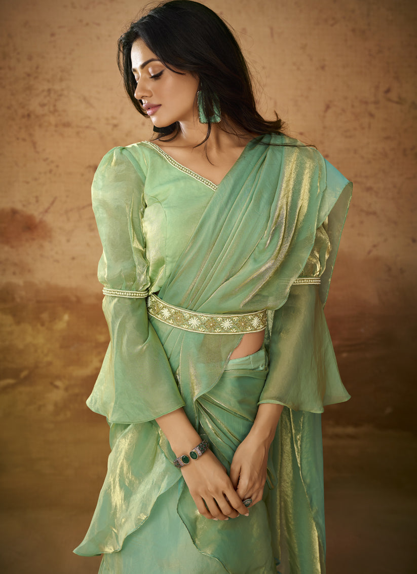 Pistachio Green Organza Handwork Designer Ready to Wear Saree