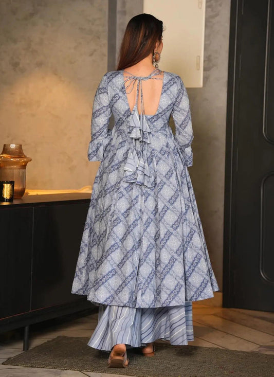 Sky Grey Cotton Silk Printed Readymade Palazzo Kameez