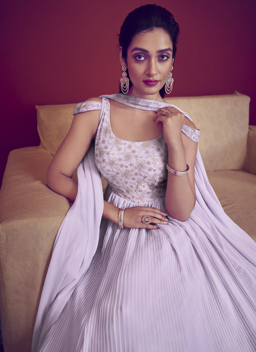 Lavender Georgette Embroidered Gown with Dupatta