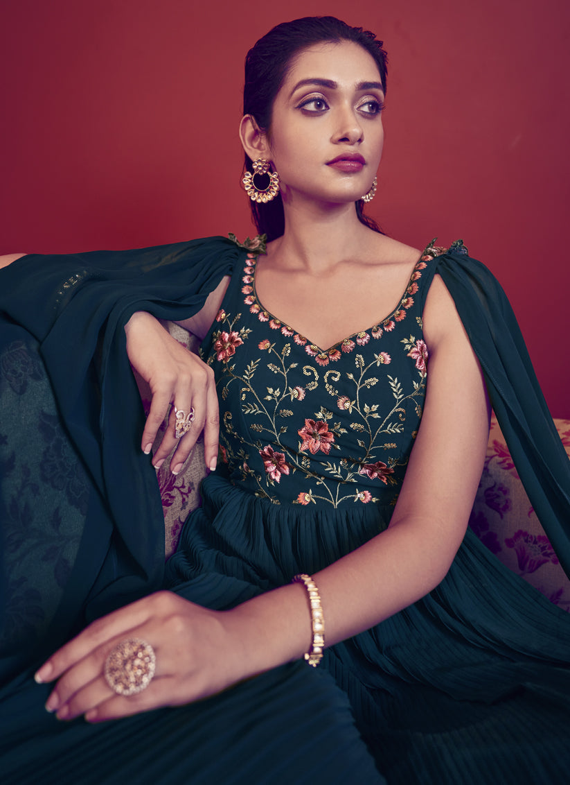 Peacock Blue Georgette Embroidered Gown with Dupatta