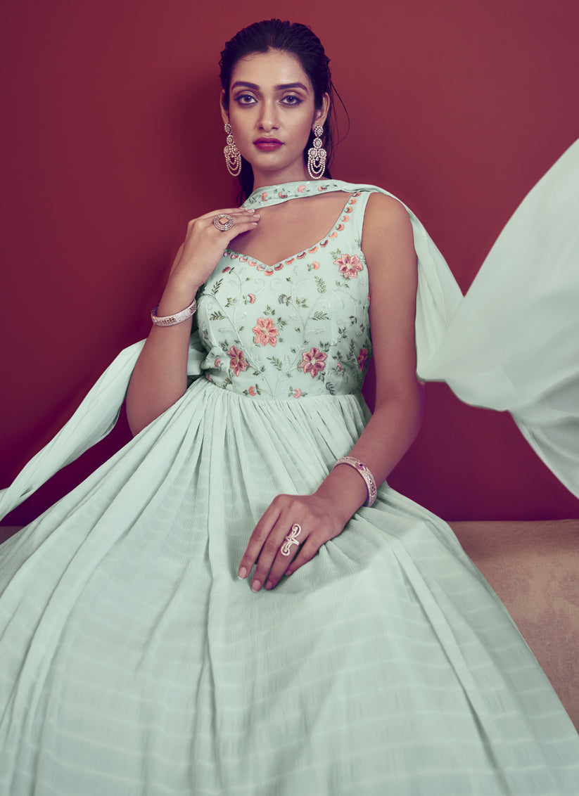 Ice Blue Georgette Embroidered Gown with Dupatta